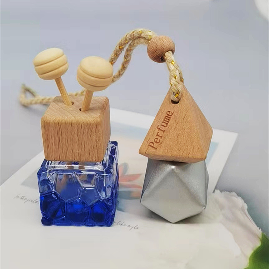 Promotional orange blue scrub car with empty glass car perfume essential oil bottle round square car air freshener container