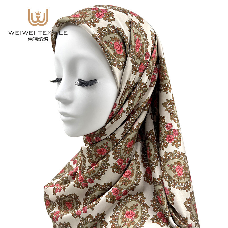 Custom Tudung Bawal Printed New Design Satin Silk Hijab Scarf For Women