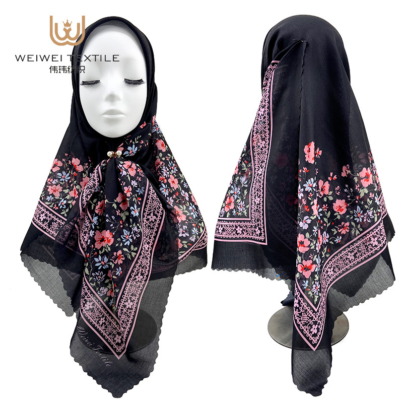 Classic Custom Printed Square Cotton Voile Hijabs Muslim Women Ethnic Scarves