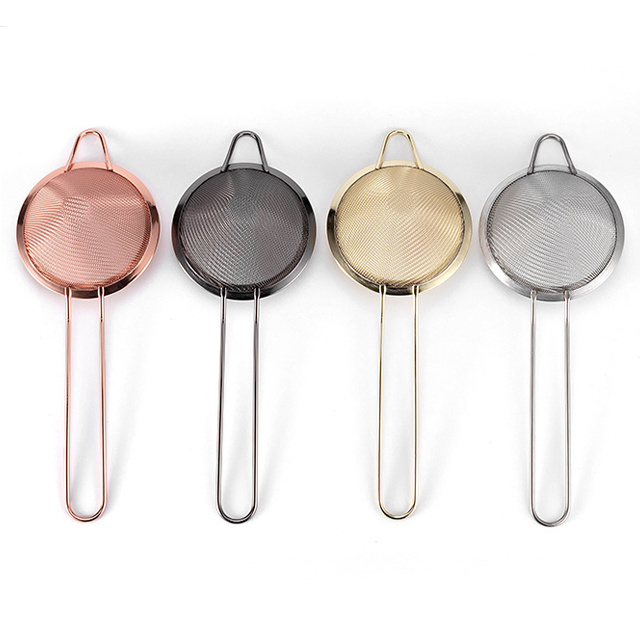 Fine Mesh Stainless Steel Sieve Strainer Cocktail Food Tea Coffee Strainers with Long Handle in Silver, Gold, Copper and Black