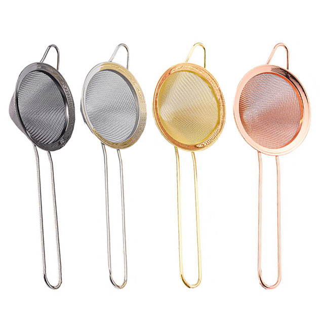 Fine Mesh Stainless Steel Sieve Strainer Cocktail Food Tea Coffee Strainers with Long Handle in Silver, Gold, Copper and Black