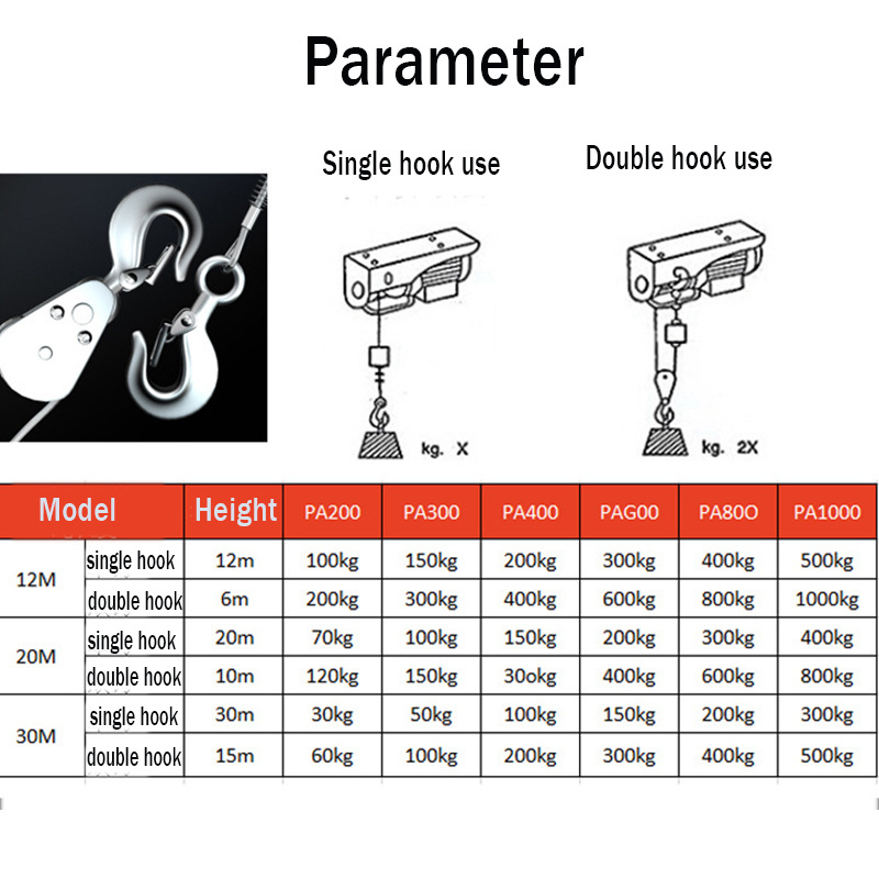 Pa500 Mini Electric Wire Rope Hoist Winch 100kg Portable Crane Small Lift Mini Hoist Electric Hoist Capacity