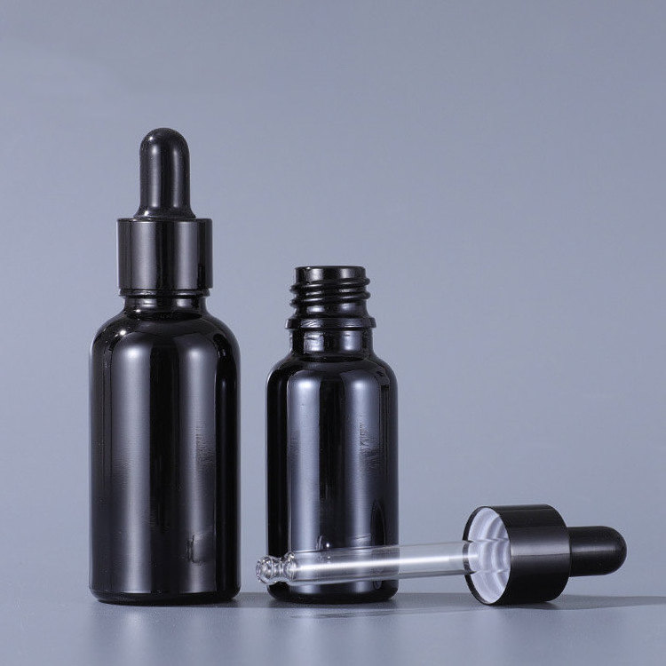 Stock essential oil glass pipette bottle 50ml 100ml 18mm mouth cosmetic packaging shinning black dropper bottle