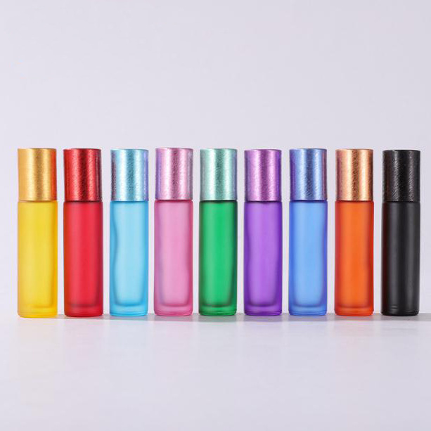 wholesale round cosmetic empty 5ml 10ml essential oil matte frosted rainbow color glass roll on bottle