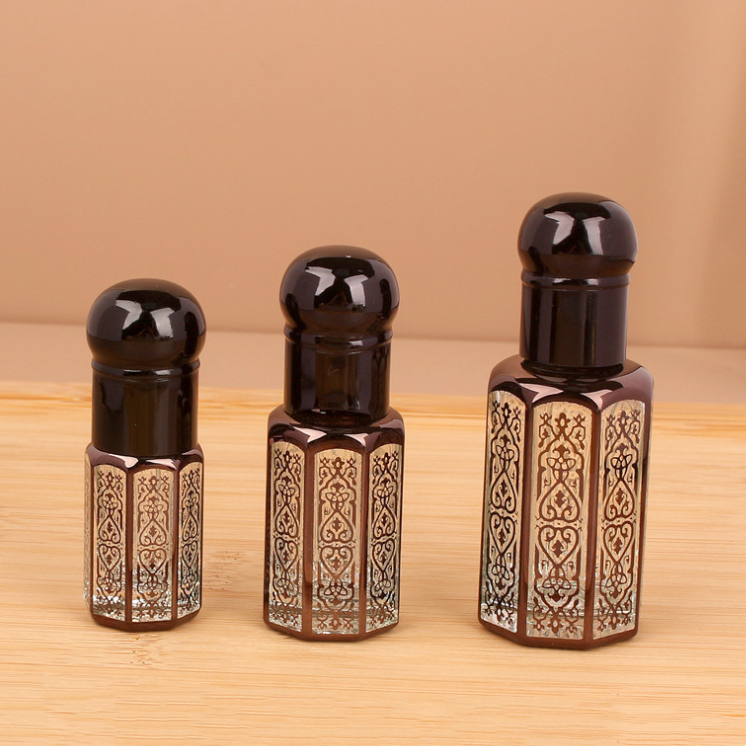 Empty Octagonal Arabian Attar Oud Perfume Glass Bottles Essential Oil 3ml 6ml Roll On Bottles With Glass Stick