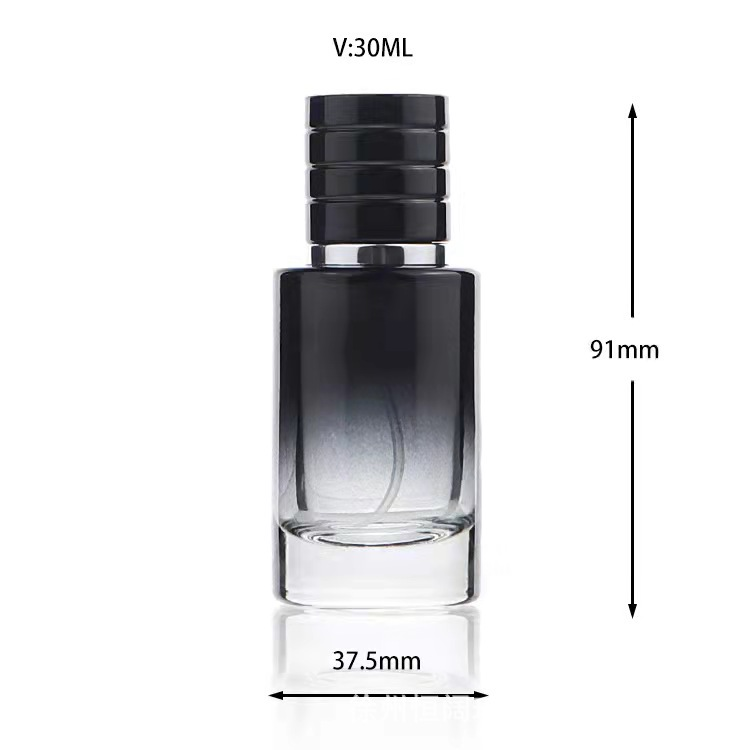 Luxury round empty shape black caps fine mist refill blue white red brown gradient glass 30ml perfume spray bottle