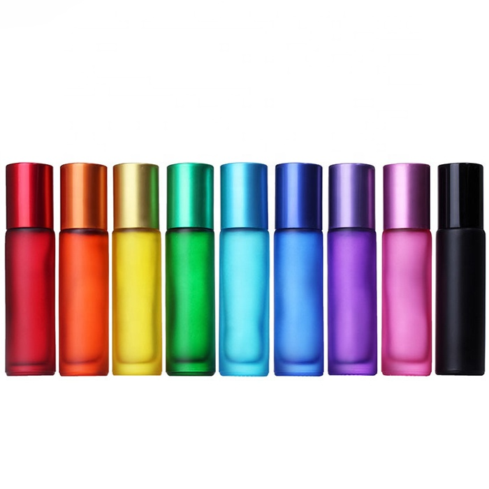 wholesale round cosmetic empty 5ml 10ml essential oil matte frosted rainbow color glass roll on bottle