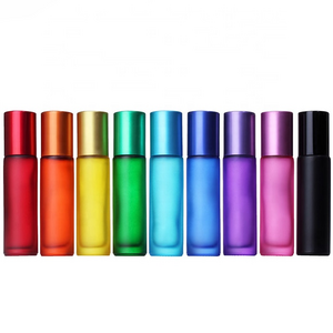 wholesale round cosmetic empty 5ml 10ml essential oil matte frosted rainbow color glass roll on bottle