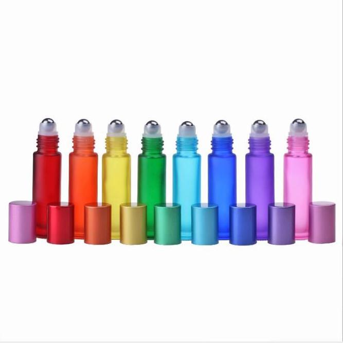 wholesale round cosmetic empty 5ml 10ml essential oil matte frosted rainbow color glass roll on bottle