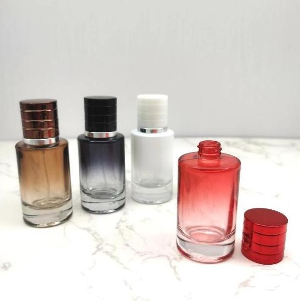 Luxury round empty shape black caps fine mist refill blue white red brown gradient glass 30ml perfume spray bottle