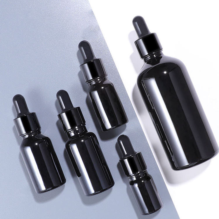 Stock essential oil glass pipette bottle 50ml 100ml 18mm mouth cosmetic packaging shinning black dropper bottle