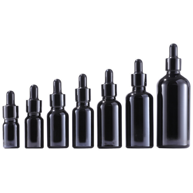 Stock essential oil glass pipette bottle 50ml 100ml 18mm mouth cosmetic packaging shinning black dropper bottle