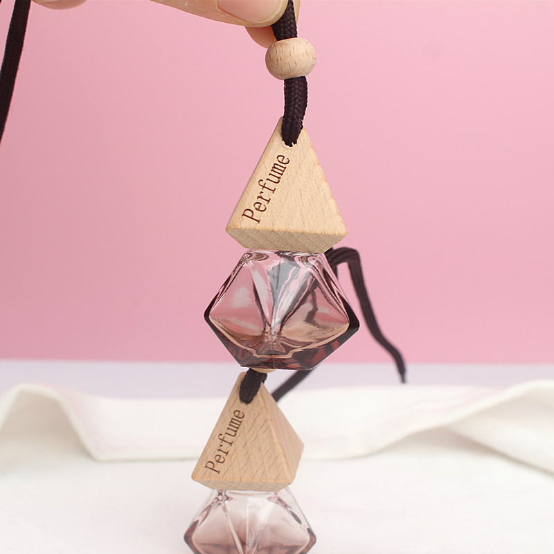 6ml 8ml empty refill triangle hanging wood cap empty glass car air freshener bottle for perfume packaging