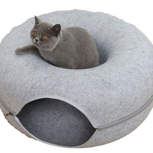 Wholesale Custom Pet Cat House Large Donut Design Tunnel Play Zipper Design Felt Cat Bed