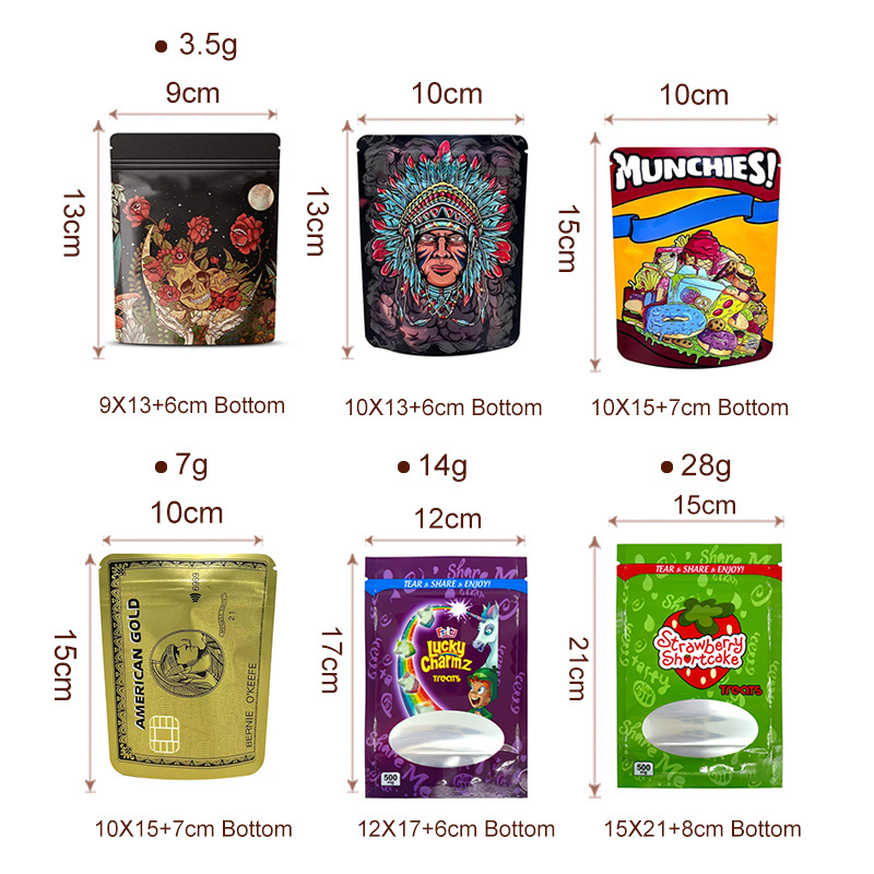 Custom Printed Stand Up Pouch 3.5 3.5g 7g My Logo Colored Candy Child Proof Smell Ziplock Cookie Packaging Designer Mylar Bags