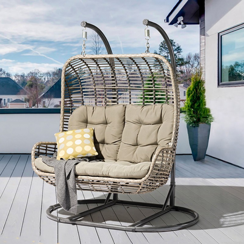 New high quality outdoor double seats garden furniture rattan terrace pretty leisure modern egg shaped garden rattan swing chair