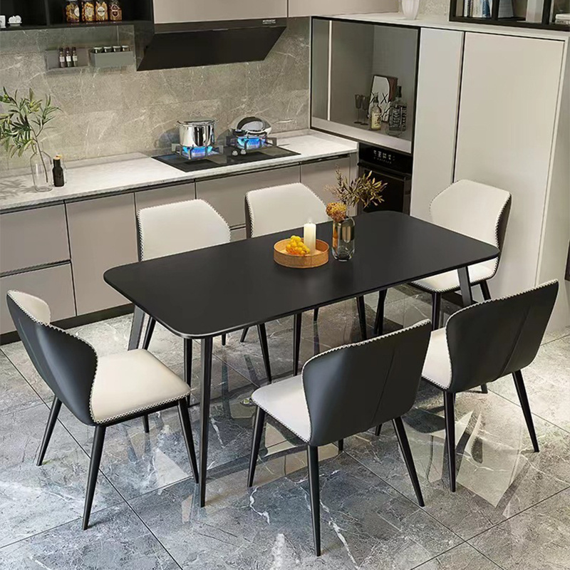 Italian modern simple carbon steel marble slab rectangular 4 6 8 seats dining room furniture table luxury leather chairs set