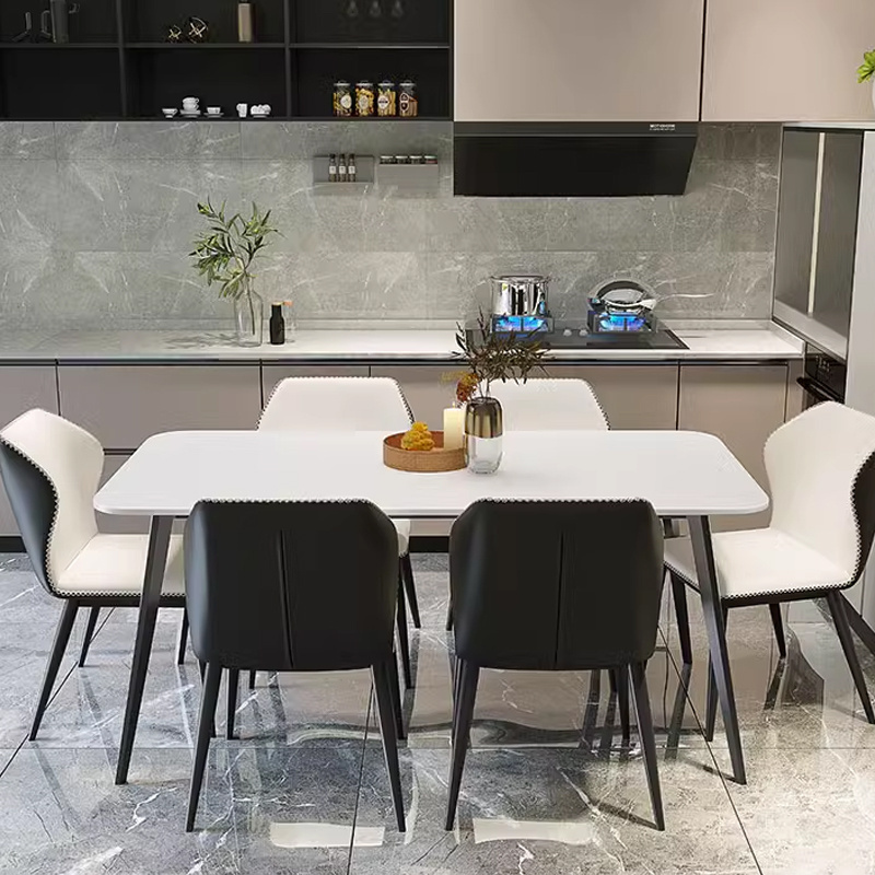 Italian modern simple carbon steel marble slab rectangular 4 6 8 seats dining room furniture table luxury leather chairs set