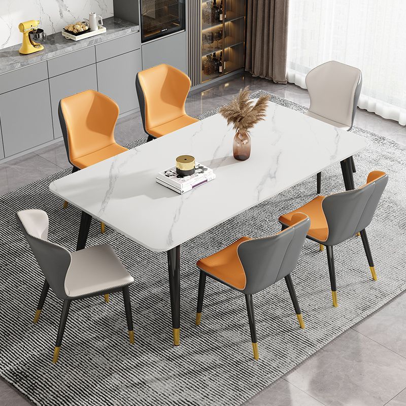 Italian modern simple carbon steel marble slab rectangular 4 6 8 seats dining room furniture table luxury leather chairs set