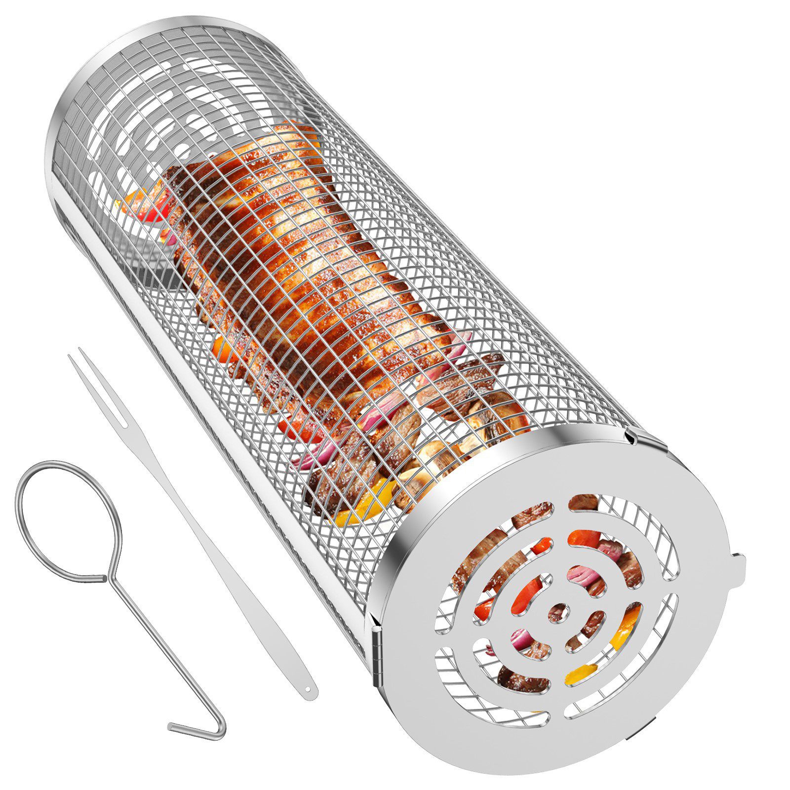 304 Stainless Steel Rolling BBQ Basket Portable Outdoor Camping Barbecue Rack