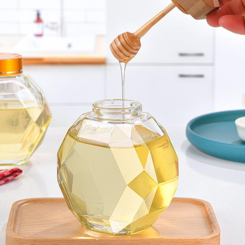 Wholesale Luxury 100g 300g 500g Wooden Hexagonal Honey Jar Glass Honey Pot with Disperser