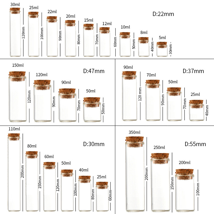 Wholesale 30ml 50ml 70ml Vial Glass Bottle Clear Test Glass Tube  with Cork