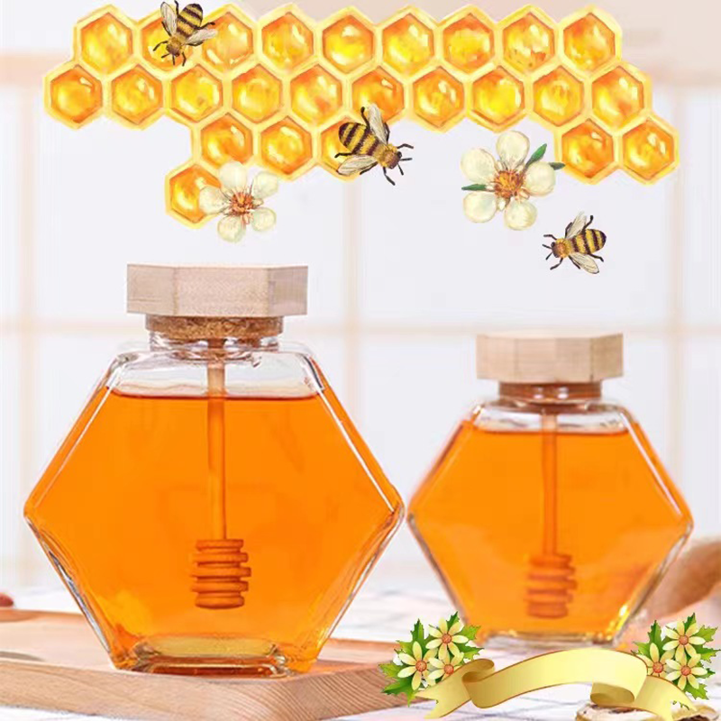 Glass honey jar 100ml 180ml  280ml  380ml clear soda lime glass jam bee honey jar with wooden cap