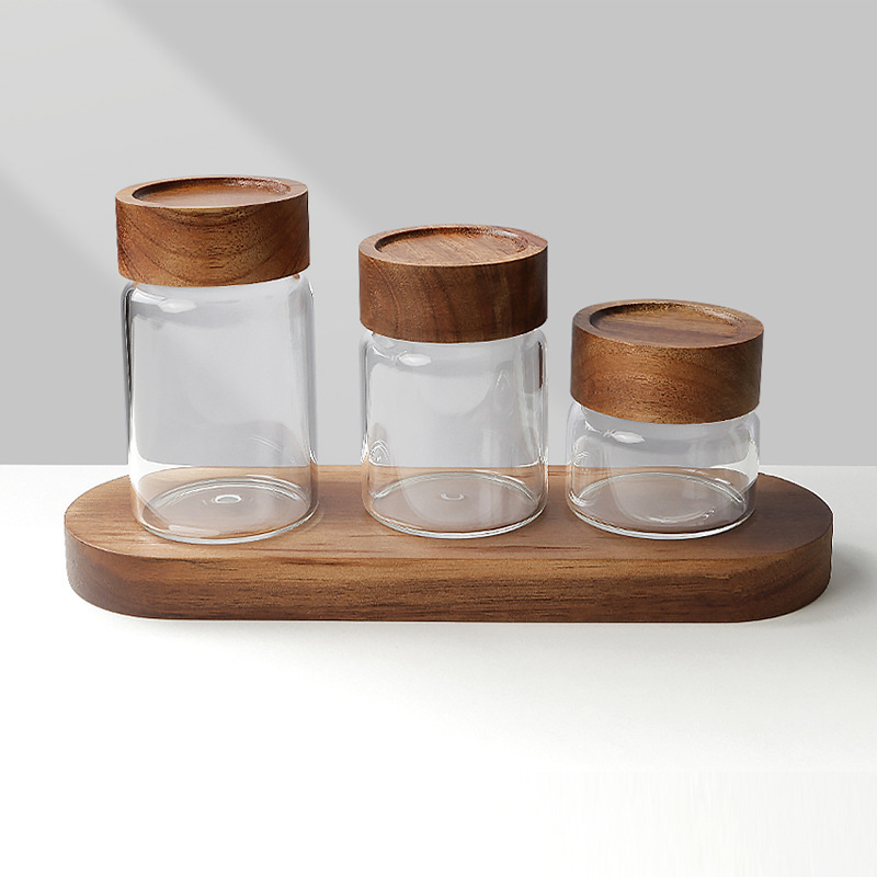 180ml 300ml 1000ml Airtight Food Grade Kitchen Storage Glass Canisters Borosilicate Glass Jar Wooden lid