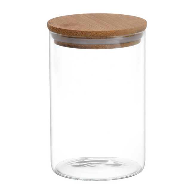 Clear High Borosilicate Food Storage Canister Airtight Round Bamboo Lid Glass Jar Pasta Glass Container