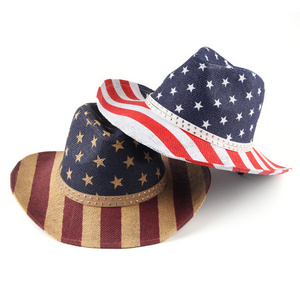 Custom fashion bucket hat cosplay USA flag dallas hat with rope western cowboy straw hat for men