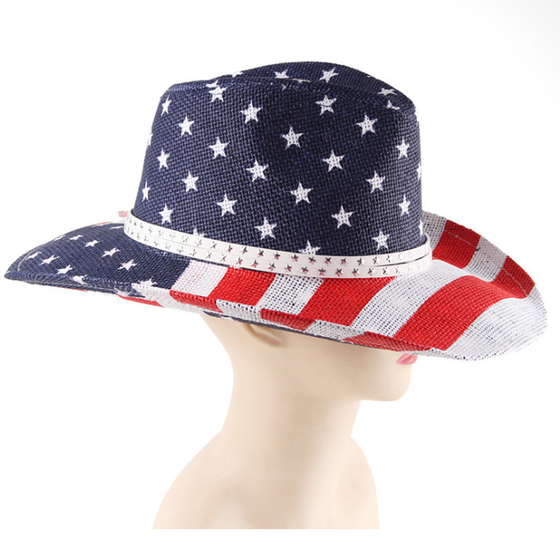 Custom fashion bucket hat cosplay USA flag dallas hat with rope western cowboy straw hat for men