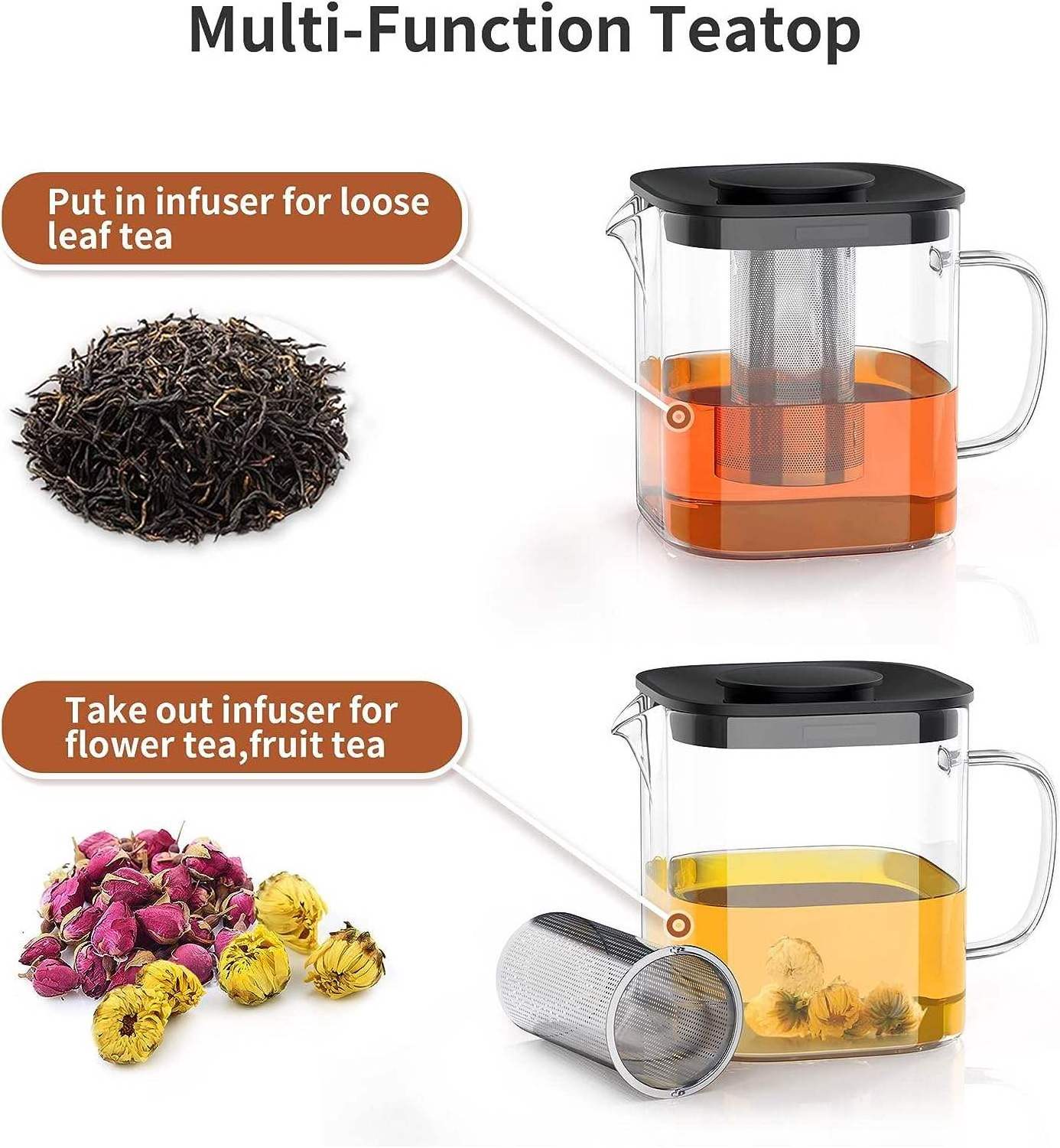 800ml Glass Tea Pot with Removable Infuser for Blooming and Loose Leaf Tea Premium Square Glass Tea Kettle