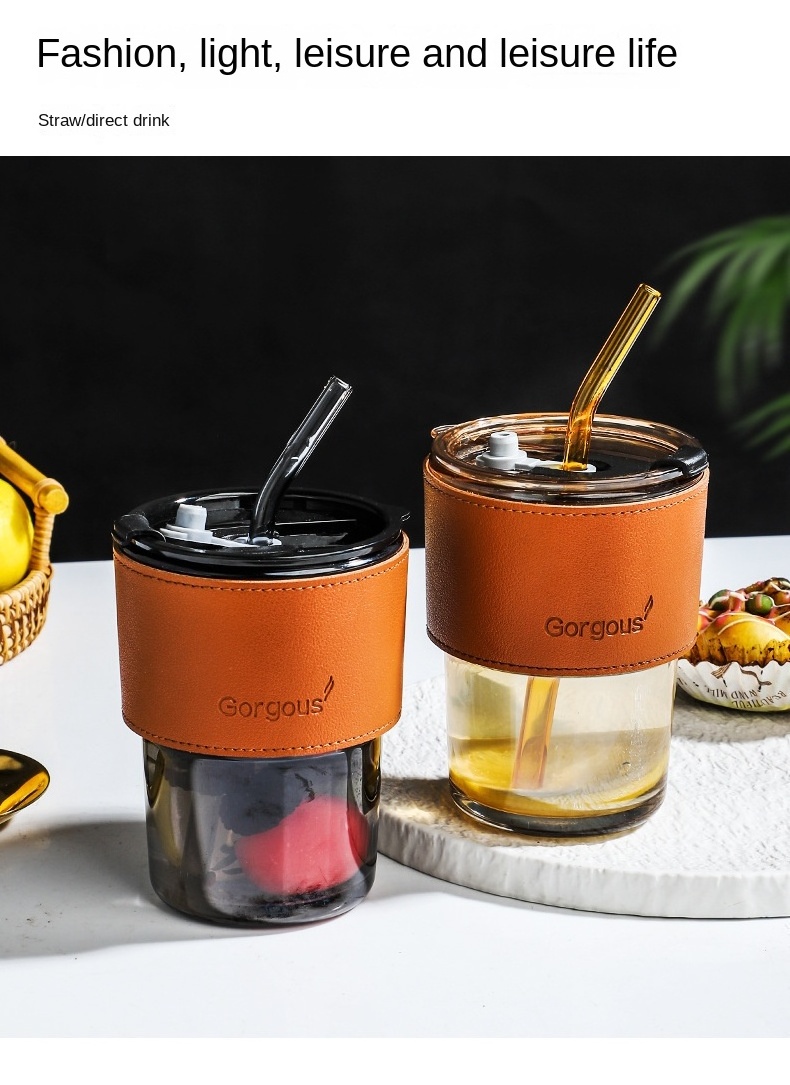 Reusable milk tea cup Coffee Glass Cup glass cup with lid and straw