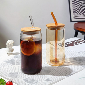 Hot Selling High Borosilicate Iced Coffee Beer glass can cup with bamboo lid and straw