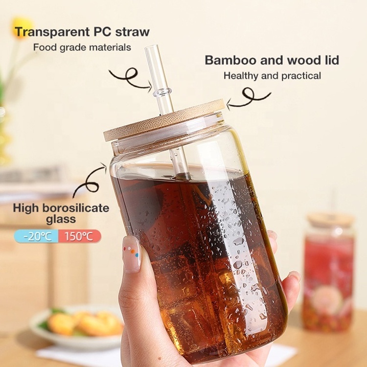 Hot Selling High Borosilicate Iced Coffee Beer glass can cup with bamboo lid and straw