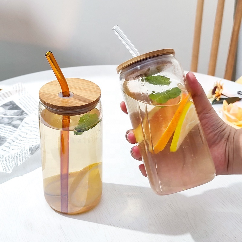 Hot Selling High Borosilicate Iced Coffee Beer glass can cup with bamboo lid and straw