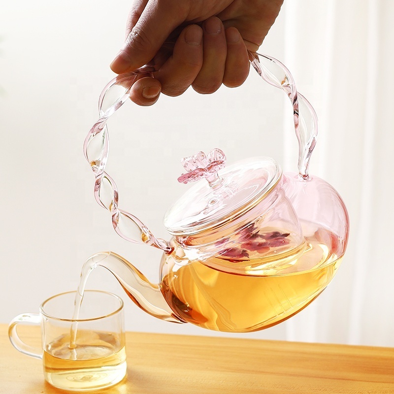 600ML 20 OZ Heat Resistant Pink Glass Teapot for Tea and Coffee Fancy glass tea maker Clear Leaf Tea Pots