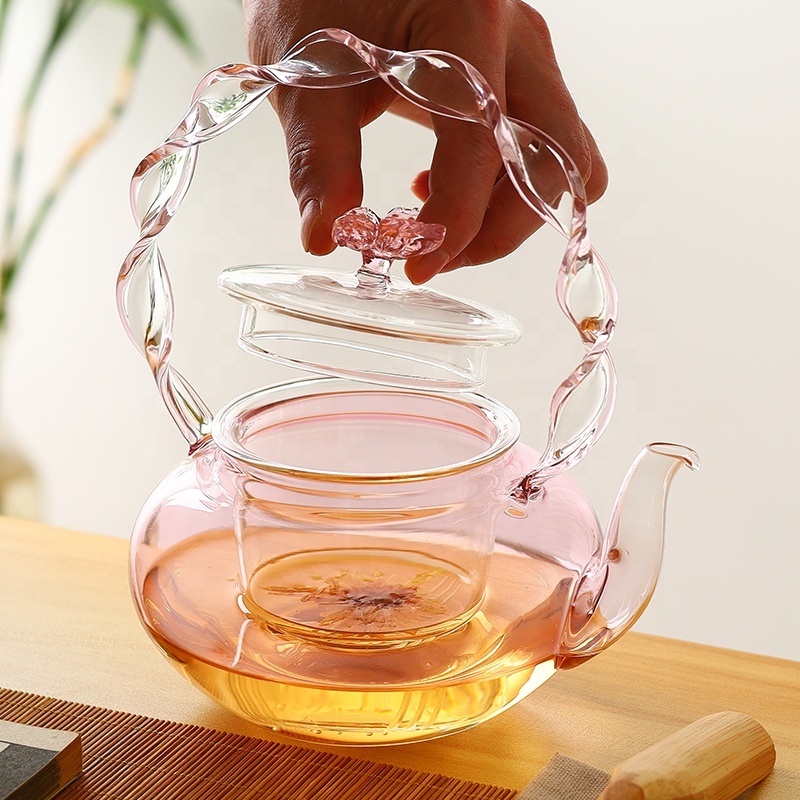 600ML 20 OZ Heat Resistant Pink Glass Teapot for Tea and Coffee Fancy glass tea maker Clear Leaf Tea Pots