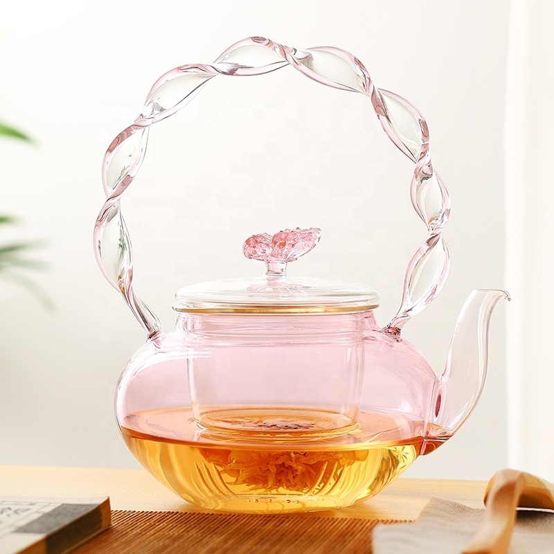 600ML 20 OZ Heat Resistant Pink Glass Teapot for Tea and Coffee Fancy glass tea maker Clear Leaf Tea Pots