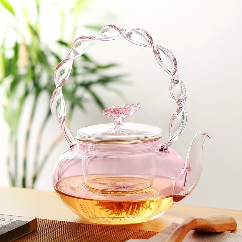 600ML 20 OZ Heat Resistant Pink Glass Teapot for Tea and Coffee Fancy glass tea maker Clear Leaf Tea Pots