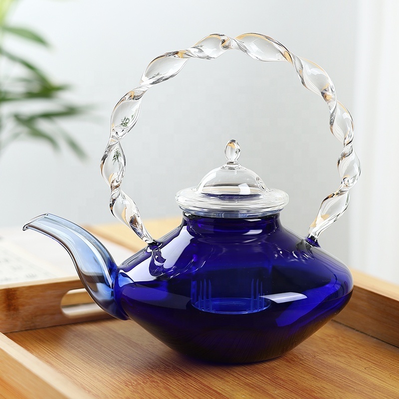 600ML/20OZ Heat Resistant Removable l Infuser Colorful Blue Glass Teapot for Tea and Coffee, Clear Leaf Tea Pots