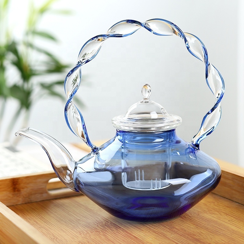 600ML/20OZ Heat Resistant Removable l Infuser Colorful Blue Glass Teapot for Tea and Coffee, Clear Leaf Tea Pots