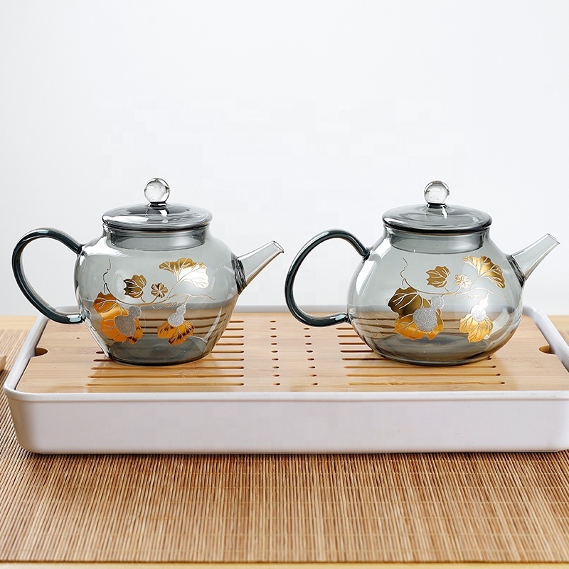 New arrival Glass Teapot with Infuser Heat Resistant Smoky Glass Tea Pot Coffee & Tea Sets Round Shape with Painting