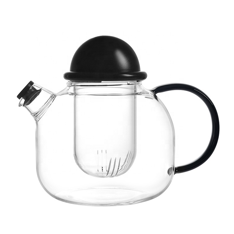 New design high borosilicate heat-resistant transparent coffee pot filter glass teapot with black silicone cover lid short mouth