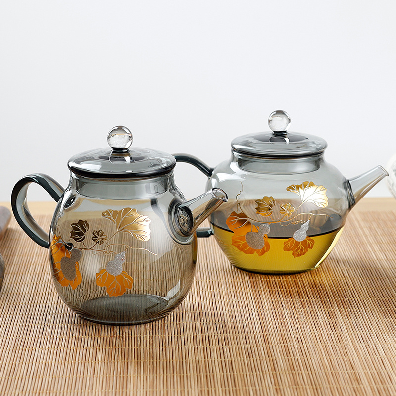 New arrival Glass Teapot with Infuser Heat Resistant Smoky Glass Tea Pot Coffee & Tea Sets Round Shape with Painting