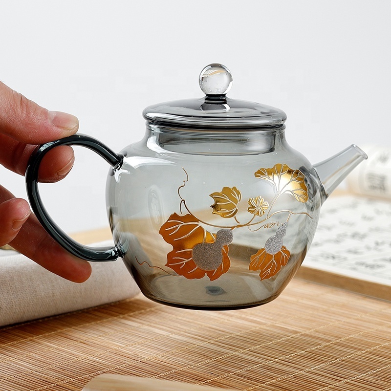 New arrival Glass Teapot with Infuser Heat Resistant Smoky Glass Tea Pot Coffee & Tea Sets Round Shape with Painting