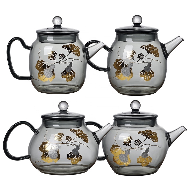 New arrival Glass Teapot with Infuser Heat Resistant Smoky Glass Tea Pot Coffee & Tea Sets Round Shape with Painting