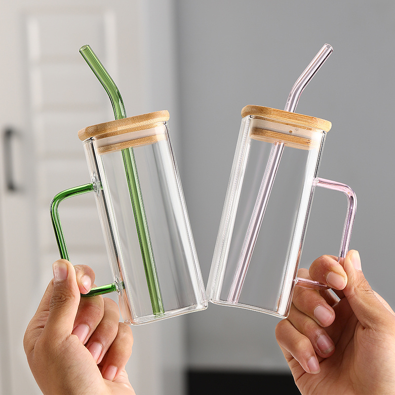 High Borosilicate glass coffee cup square glass cup with bamboo lid and straw