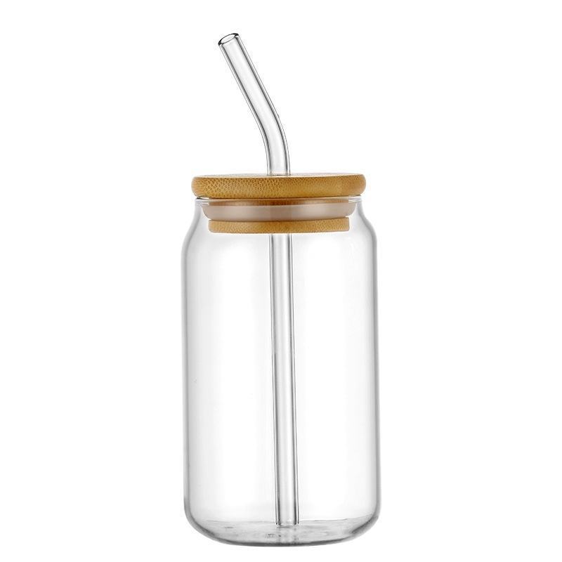 Warehouse 16 oz glass beer can, summer cold drink straw cup with bamboo lid