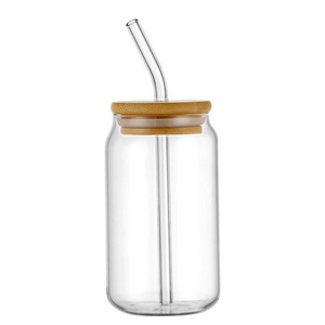 Warehouse 16 oz glass beer can, summer cold drink straw cup with bamboo lid